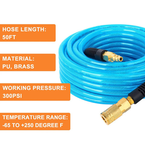 One Quarter Inch 50 Foot Polyurethane Air Hose with Brass Fittings, 300 PSI Max, highlighted specifications including material and pressure