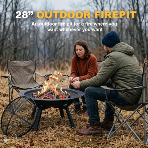 Two people using a Heavy Duty Round Steel Wood Burning Fire Pit For Backyard And Patio Or Camping Bonfires 28 Inch Black Finish