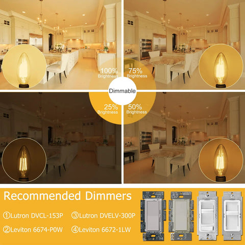 Dimmable Candelabra LED Bulb 2700K Warm White, E12 Base in various brightness levels with recommended dimmer switches.