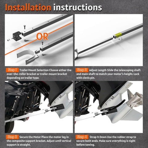 Installation instructions for Adjustable Transom Saver From 23 To 35 Inches For Boat Motor Support with brackets and motor.