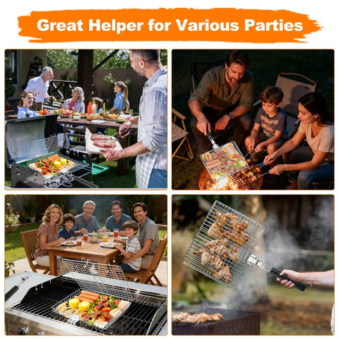 Collage of Outdoor Grill Basket For Barbecue Lovers With Removable Handle Portable BBQ Set in use at a backyard party