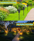 Outdoor Solar Torch Lights With Lit Flickering Flame For Garden Decor 20.5 Inch Tall 12 LED Waterproof Solar Landscape Torches shown in day and night views along a garden path and yard.