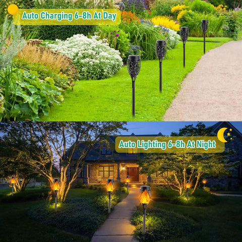 Outdoor Solar Torch Lights With Lit Flickering Flame For Garden Decor 20.5 Inch Tall 12 LED Waterproof Solar Landscape Torches shown in day and night views along a garden path and yard.
