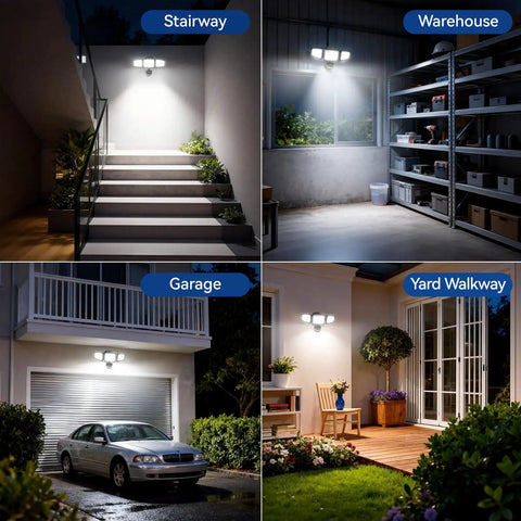 Motion Sensor Outdoor LED Flood Light With 7000 Lumen Output And 6500K Daylight Waterproof Hardwired Wall Light installed in different areas