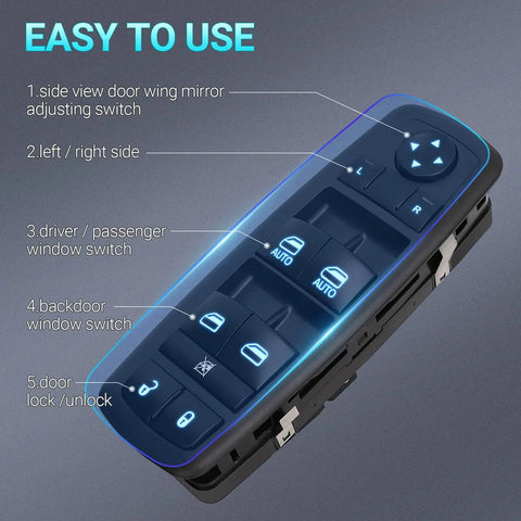 Driver Side Power Window Switch Replacement With Blue Backlit Button For Chrysler Dodge Ram vehicles, side view labeled