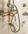 Antique Brass Exposed Shower System with Tub Spout 90° Rotating, featuring intricate design and brass construction.