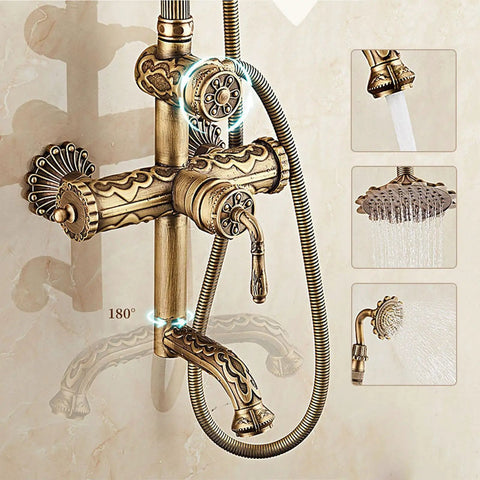 Antique Brass Exposed Shower System with Tub Spout 90° Rotating, featuring intricate design and brass construction.