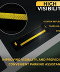 Heavy Duty Rubber Parking Guide Set For Home Garage Two Pack Tough Car Wheel Stopper With Reflective Yellow Tape For Night Visibility And Safe Parking On Any Surface, close-up on reflective tape.