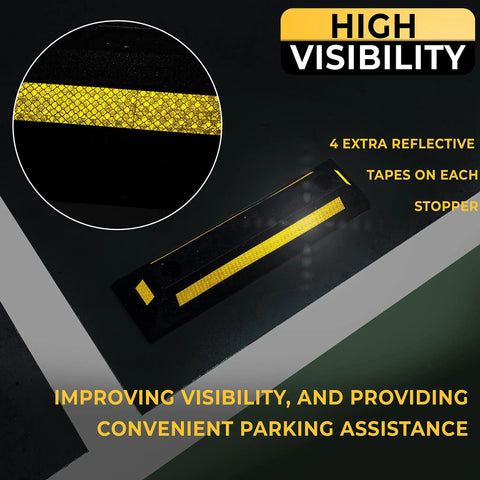 Heavy Duty Rubber Parking Guide Set For Home Garage Two Pack Tough Car Wheel Stopper With Reflective Yellow Tape For Night Visibility And Safe Parking On Any Surface, close-up on reflective tape.