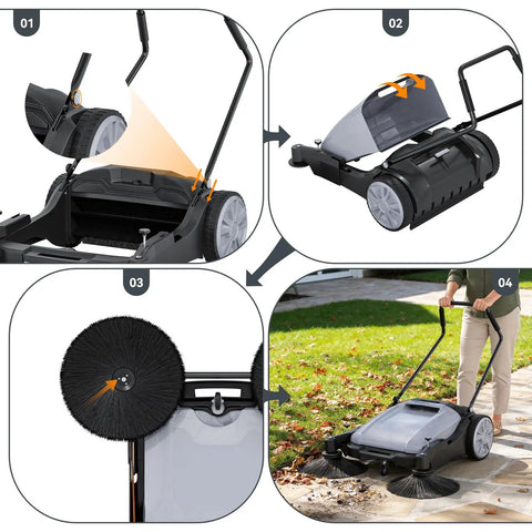 43 Inch Walk Behind Floor Sweeper With 15 Gallon Hopper Heavy Duty Industrial Cleaner For Warehouses. Clears Debris Fast With Side Brushes And Big Capacity Dustpan Save Time On Large Commercial Floors Today