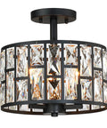 Farmhouse Crystal Round Semi Flush Mount Light With Drum Shade Black Finish 3 Light Ceiling Lamp For Kitchen Island Dining Room Bedroom And Hallway Close To Ceiling Fixture Dimmable With Compatible Bulbs ETL Certified, showing crystal detailing and black metal frame