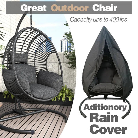 Oversized Hanging Egg Chair With Stand For Outdoor Patio Garden Balcony, Wicker Swing Chair With Cushions, cover included