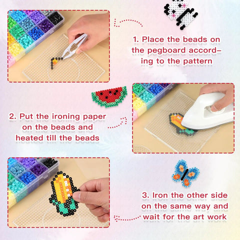 Fuse Beads Craft Kit With 15000 Beads In 72 Colors 5mm Beads Includes Pegboards Melting Beads Ironing Paper Tweezers Colorful Hooks And A 24 Compartment Storage Box Great For Christmas Gifts And Home School Arts And Crafts Projects demonstration