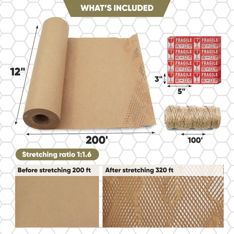 Top Tier Honeycomb Packing Paper Bubble Wrap Alternative For Moving Supplies Stretchy Kraft Cushion Roll with fragile labels and jute twine.