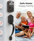Keyless Door Lock With Handle In Oil Rubbed Bronze 6 Codes For Quick Access installed on door next to happy family