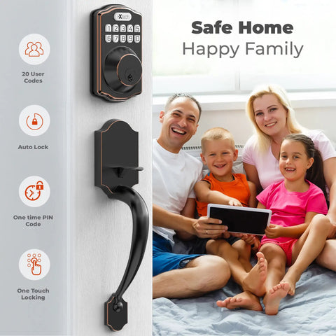 Keyless Door Lock With Handle In Oil Rubbed Bronze 6 Codes For Quick Access installed on door next to happy family
