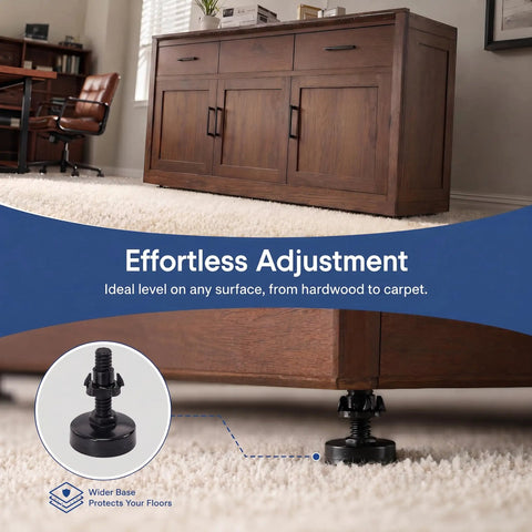 Adjustable 3/8 Inch 16 Thread Furniture Leveling Feet With T Nuts, 4 Pack Table Leg Stabilizers under cabinet on carpet.