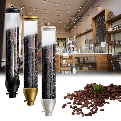Hella Spacious Wall Mounted Coffee Bean Dispenser Round Sealed Acrylic Storage Bin For Cafe And Home Kitchen Sets in a coffee shop setting.