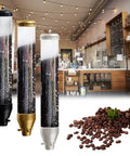 Wall Mounted Coffee Bean Dispenser Storage Container With Sealed Airtight Lid And Crystal Clear Acrylic Build For Cafe Kitchen Or Home Bar Black Four Pack featured in cafe setting with coffee beans.