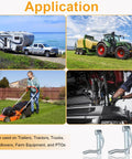 Heavy Duty Hitch Pins And Clips Kit With R Clips, Cotter Pins, Lynch Pins And PTO Pins For Tractor, Trailer, Truck, Lawn Mower And Farm Equipment, 242 Piece Assortment For 3 Point Hitch Accessories with applications shown on various vehicles and equipment.
