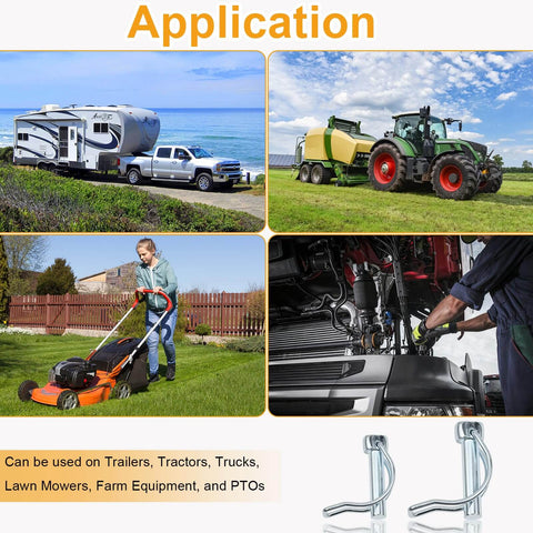 Heavy Duty Hitch Pins And Clips Kit With R Clips, Cotter Pins, Lynch Pins And PTO Pins For Tractor, Trailer, Truck, Lawn Mower And Farm Equipment, 242 Piece Assortment For 3 Point Hitch Accessories with applications shown on various vehicles and equipment.