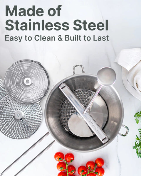 4 Disc Stainless Steel Food Mill With Ergonomic Hand Crank for tomato sauce, applesauce, baby food, mashed potatoes, and jams