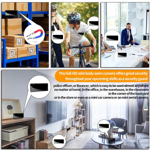 Collage showing Mini Spy Nanny Cam Body Camera 1080P Wearable Badge Style used by cyclist, office meeting, and home setting for security.