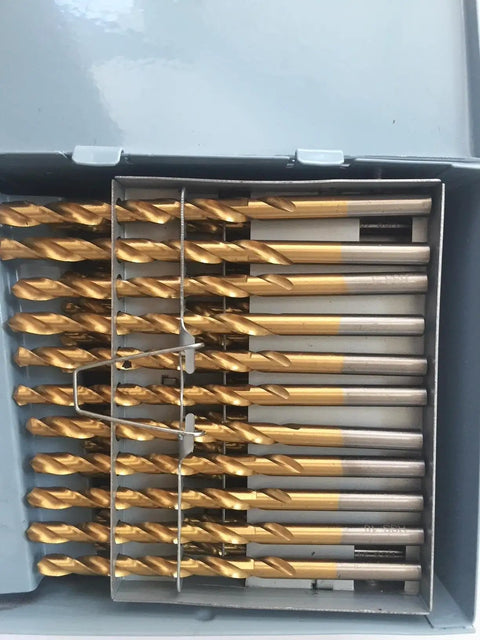 60 Piece Titanium Nitride Coated Drill Bit Set With Indexed Case High Speed Steel Sizes 1 Through 60 From 0.228 In To 0.040 In Heavy Duty Metalworking Bits For Wood Metal Plastic DIY And Pros in a metal case