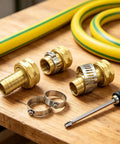 Solid Brass 2 Pack Hose Repair Kit With Stainless Steel Clamps Perfect For Fixing 1/2 Inch To 3/4 Inch Garden Hoses Leak Free Seal That Is Totally Sick For Sprinklers And Outdoor Watering Systems brass hose fittings on wood