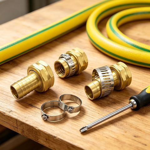 Solid Brass 2 Pack Hose Repair Kit With Stainless Steel Clamps Perfect For Fixing 1/2 Inch To 3/4 Inch Garden Hoses Leak Free Seal That Is Totally Sick For Sprinklers And Outdoor Watering Systems brass hose fittings on wood