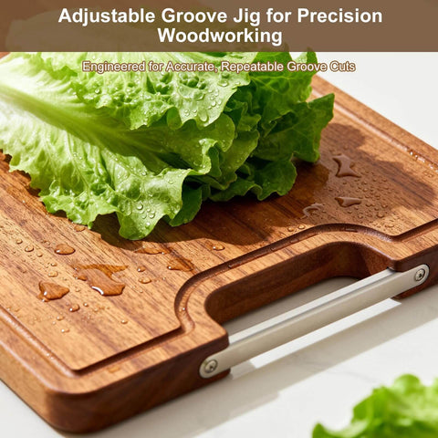 Adjustable Juice Groove Router Jig with 8 Spacers Wooden Router Guide with lettuce on cutting board.