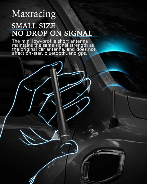 4 Inch Short Aluminum Truck Antenna For GMC Sierra 1500 2007 To 2026 Replacement Carwash Safe With Hard Black Anodized Finish Delivers Stronger Reception And Prevents Parking Lot Scrapes, shown with installation illustration.