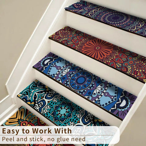 14 Strips Stair Riser Stickers Peel N Stick Self Adhesive Vinyl Stair Risers Staircase Murals Decals Decor For Steps Mandala Style 39.37x7.09 Inches Easy To Install featuring vibrant mandala patterns on stairs.