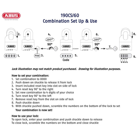 190CS 60 High Security Solid Steel Combination Padlock setup and use instructions with illustration