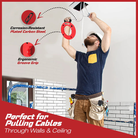 100ft Fiberglass Fish Tape Wire Puller With Durable Steel Spring Core And Ergonomic Handle used for pulling cables through ceiling.