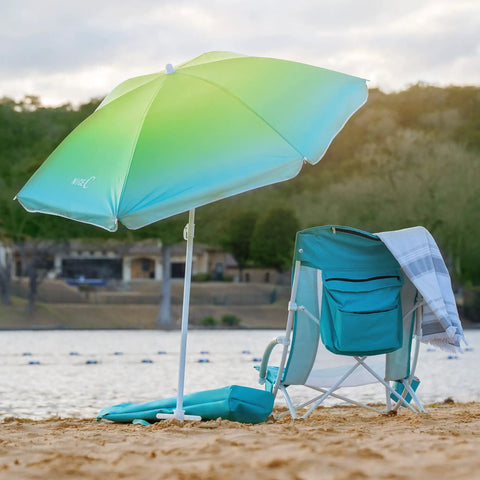 High Back Beach Chair With Umbrella And Cooler Cup Holder And Carry Bag Heavy Duty Portable Chair For Adults on beach