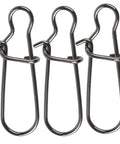 Front view: three metal Duo Lock fishing snaps, size 0, 26 lb test
