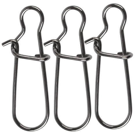 Front view: three metal Duo Lock fishing snaps, size 0, 26 lb test