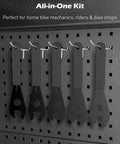 Five Piece Bike Cone Wrench Set 13, 14, 15, 16, 17 Mm Slim Open End Spanners hanging on a pegboard in garage