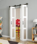 Kick Up Your Home Game With This Slick Bifold Barn Door 48 By 84 Inches Featuring Tempered Frosted Glass Panels Plus Complete Wall Track Hardware Kit That Glides Smooth And Folds Back Tight For Laundry Closets And Pantries. Bifold barn doors with frosted glass in modern interior setting.