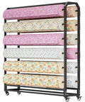 Solid Heavy Duty Adjustable Metal Fabric Roll Storage Rack Featuring Twenty Sturdy Crossbars displaying colorful fabric rolls neatly organized.