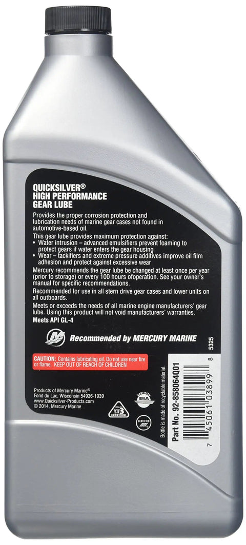 High Performance Gear Lube 32 Oz bottle for marine transmissions and differentials, shown with label and cap.