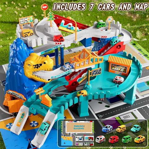 Dinosaur Race Car Tracks For Toddlers And Kids Aged 3 To 8 With Dinosaur Climbing Hills And Ramps Includes 7 Small Cars Map And Stickers