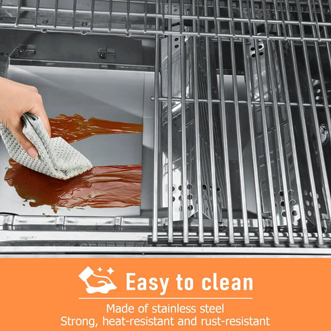 Universal Grill Grease Tray With Catch Pan Replacement For 3 4 5 Burner Gas Grills, shown being cleaned with a cloth.