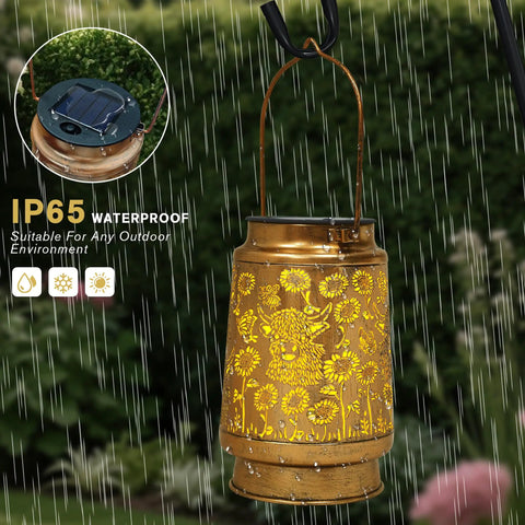 Watering Can Lantern Lights Solar Outdoor Garden Decor Waterproof Kettle Lamp with flower pattern in rain.