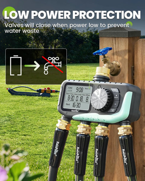 Four Zone Sprinkler Timer With Programmable Start Times, Durations And Frequencies For Each Zone on garden hose setup