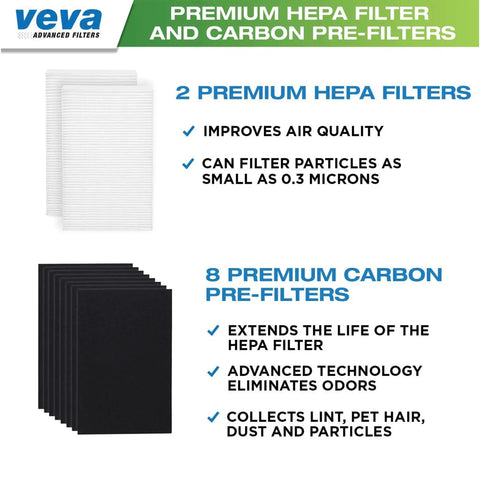 HPA100 Replacement Filters For Air Purifier With 2 HEPA Filters And 8 Carbon Pre-Filters, Compatible With HPA100 104 094