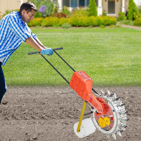 Person using Back-Friendly Garden Seeder Row Planter Hand Push Seeder With 16 Holes Walk Behind Row Crop Planter in garden.