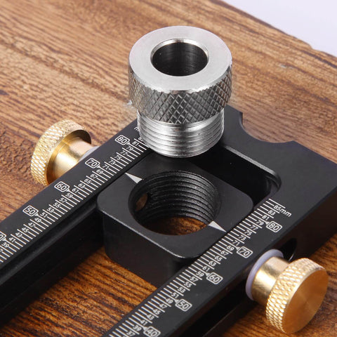 Close-up of 2 In 1 Drill Guide And Dowel Jig For Woodworking Aluminum 6061 Pocket Hole Jig showing self-aligning pin locator on wood.