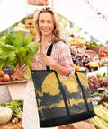 Smiling woman with Large Capacity Reusable Insulated Cooler Tote For Picnics Beach Travel And Camping Leak Proof Lunch Box.
